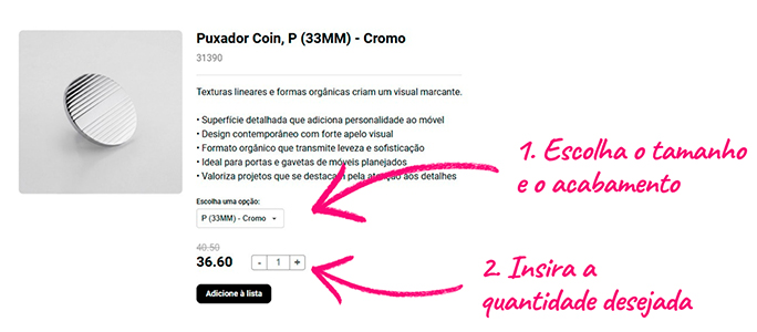 Tela de configuração do produto